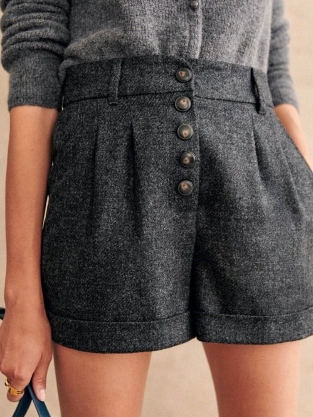 Sézane Wallace High-Waist Wool Shorts in Gray Size 44